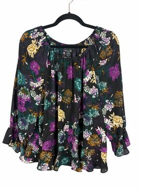 INC International Concepts Floral Peasant Blouse Large Sheer Boho Top